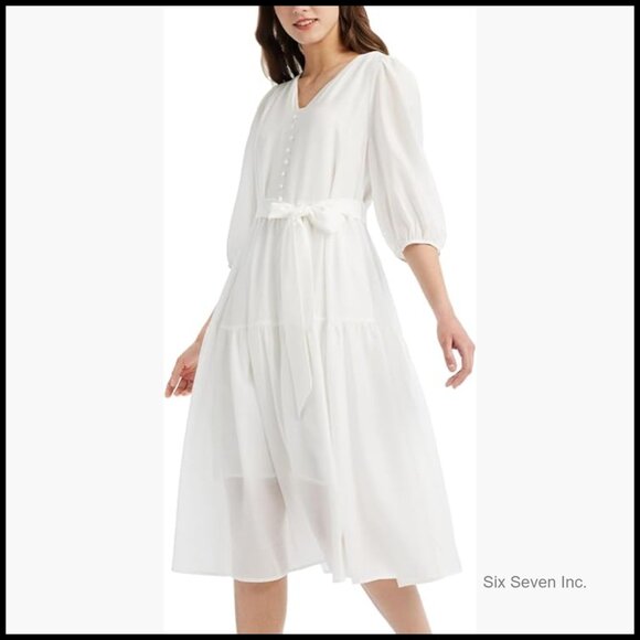 Dresses & Skirts - Acetate 3/4 Sleeve V-Neck Wrap Midi Dress Wedding Guest Casual